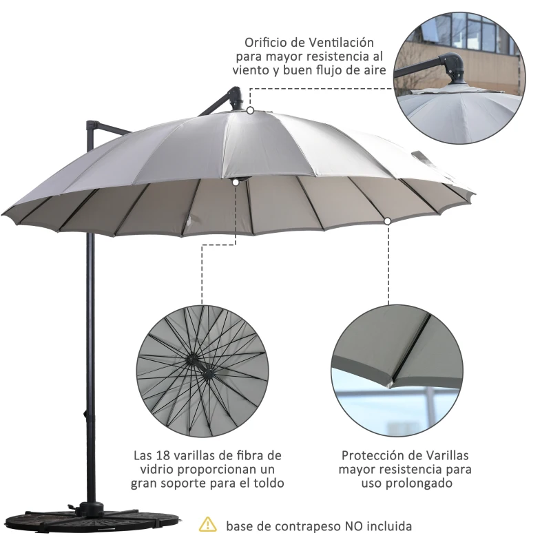 Outsunny Parasol Sombrilla de Jardín Ø300 cm de Diámetro con Manivela y Poste Giratorio 360° Techo Inclinable en 6 Posiciones Base Cruzada Incluida Gris