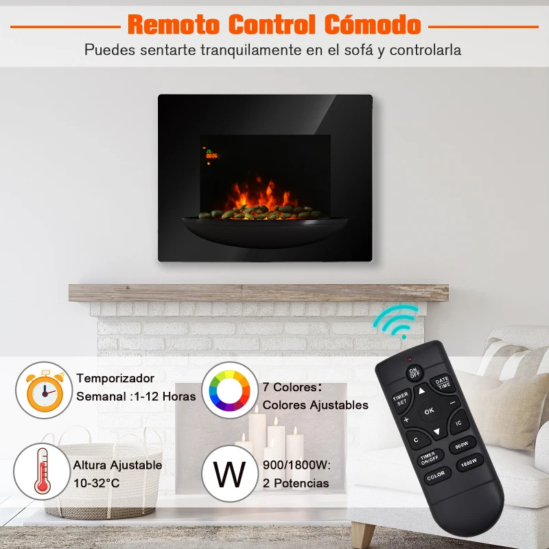 HOMCOM Chimenea Eléctrica de Pared Estufa Eléctrica Calentador de Fuego 900/1800W con Mando a Distancia Termostato Llama LED 7 Colores 66x52x15.5cm