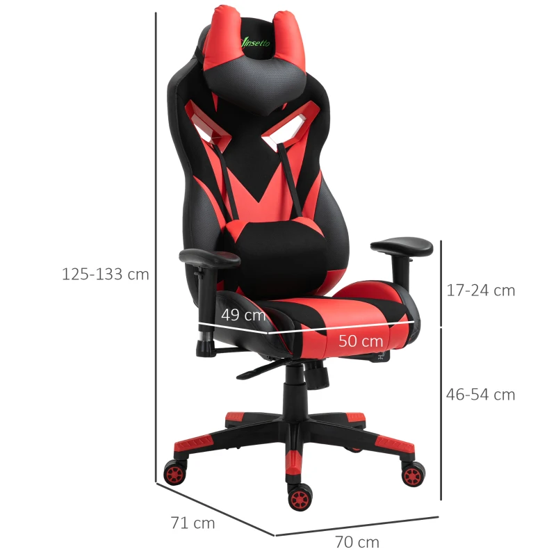 Vinsetto Silla Gaming Ergonómica Silla de Escritorio de Oficina Giratoria con Altura Ajustable Reclinable de 135° Reposabrazos Regulable Reposacabezas y Lumbar Extraíbles 70x71x125-133 cm Rojo
