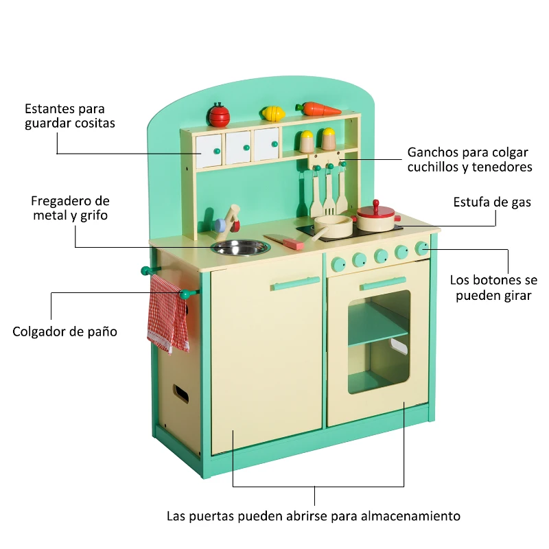 HOMCOM Cocinita de Juguete de Madera con 12 Accesorios 70x30x88cm para Niños + 3 Años Color Verde