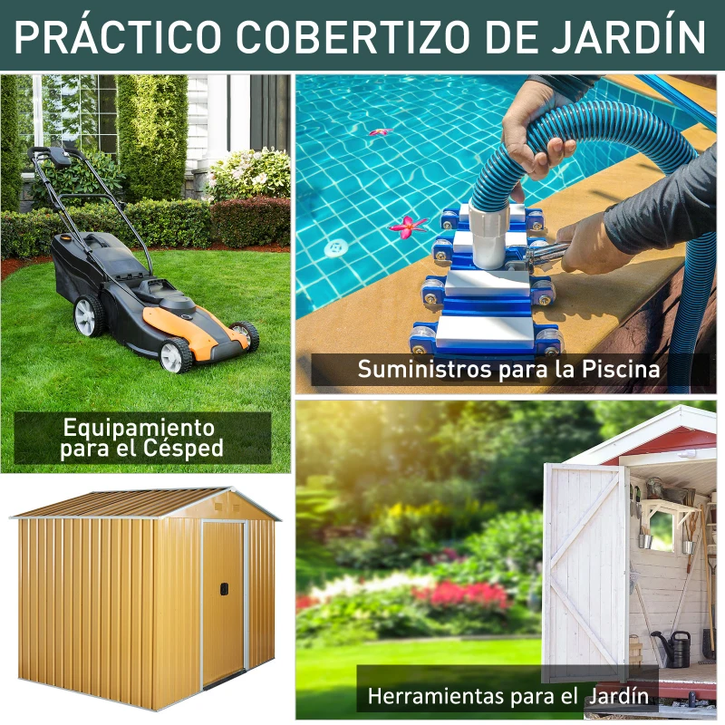 Outsunny Caseta de Jardín Exterior 3,6 m² 236x174x190 cm Cobertizo de Jardín Exterior con 2 Puertas Correderas Techo Inclinado y 4 Ventanas para Patio Terraza Amarillo Mostaza