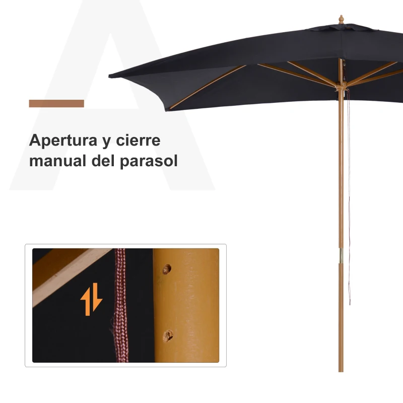Outsunny Sombrilla Cuadrada tipo Parasol para Terraza Playa Jardín Piscina Patio Camping - Color Negro - Poliéster Madera - 200x300x245 cm