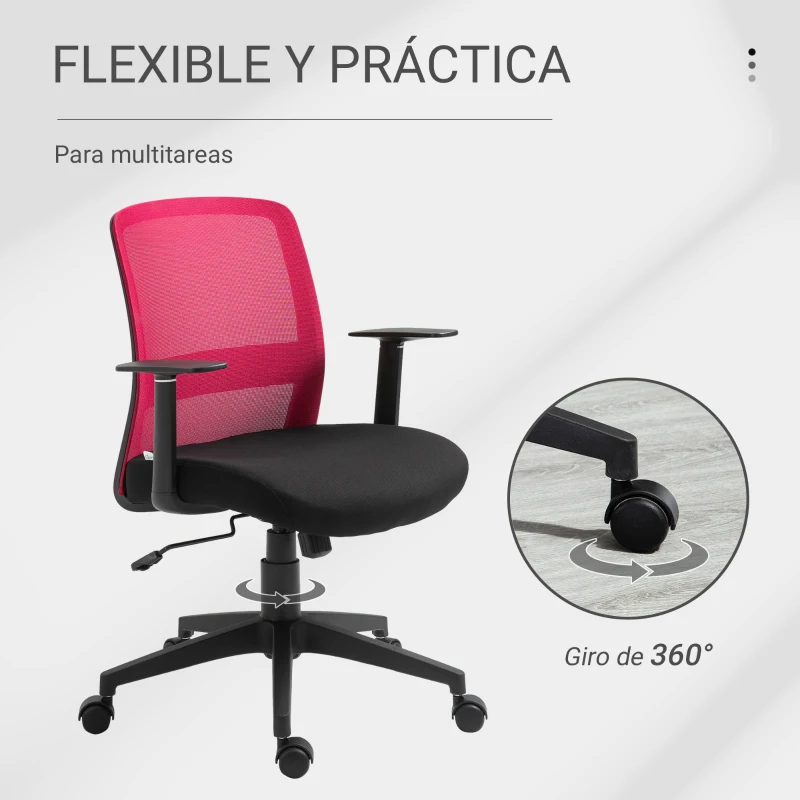 Vinsetto Silla de Oficina Silla Escritorio Giratoria con Altura Ajustable Reposabrazos Soporte Lumbar Respaldo Transpirable y Función Basculante 58x60x89-99 cm Fucsia