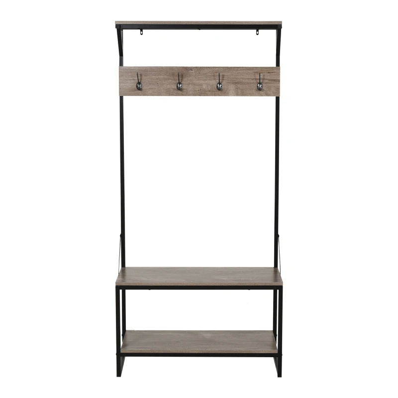 HOMCOM Perchero de Pie con Zapatero de Entrada Espacio de Almacenaje con 4 Ganchos Banco para Cambio de Zapatos Estantes Diseño Anti-Vuelco 80x40x170 cm Roble