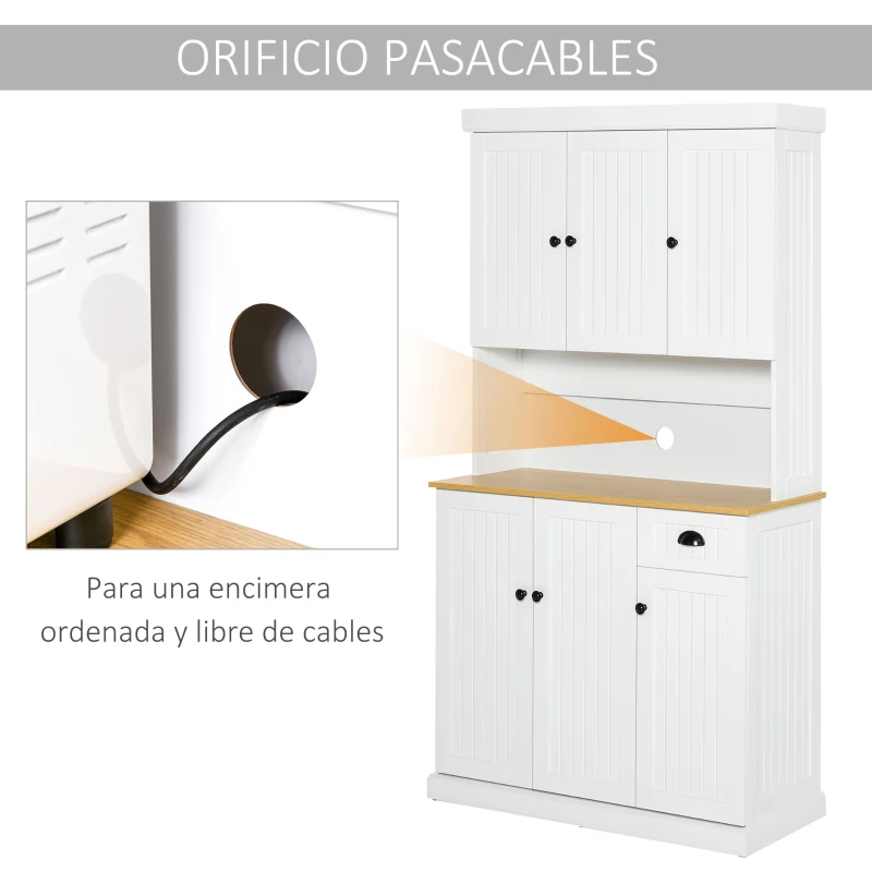 HOMCOM Armario Alacena de Cocina Buffet Aparador Organizador con 7 Estantes y un Cajón Extraíble 4 Puertas con Baldas Ajustables 101x39x180 cm Blanco