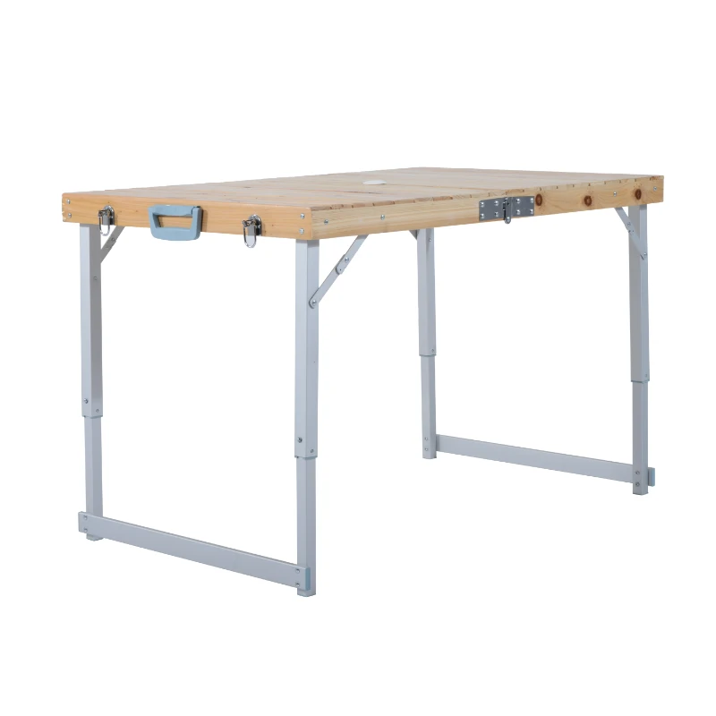 Mesa Portátil y Plegable para Camping y Picnic - Madera Natural y Aluminio - 104x67x49/68cm