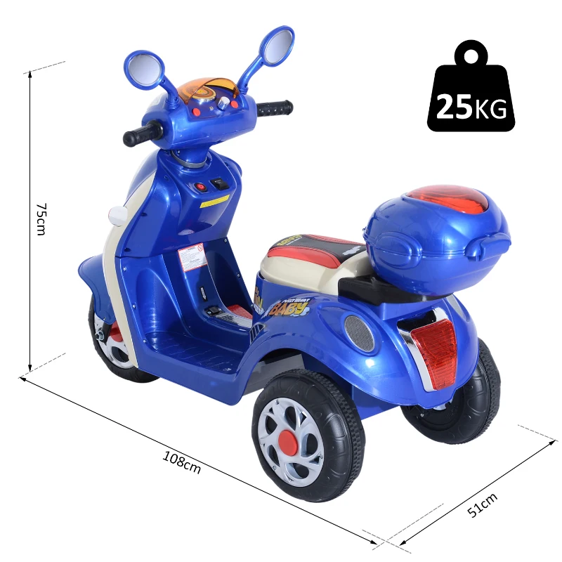 HOMCOM Coche Triciclo Moto Eléctrica Infantil Correpasillos a Batería Niños 3-8 años 6V Metal + PP 108x51x75cm Azul