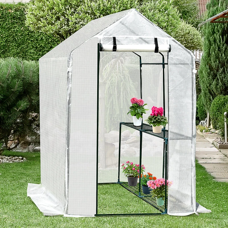 Outsunny Invernadero con Estantes para Flores Vivero Casero para Cultivo de Plantas con Puerta de Cremallera Malla de PE 186x120x190cm