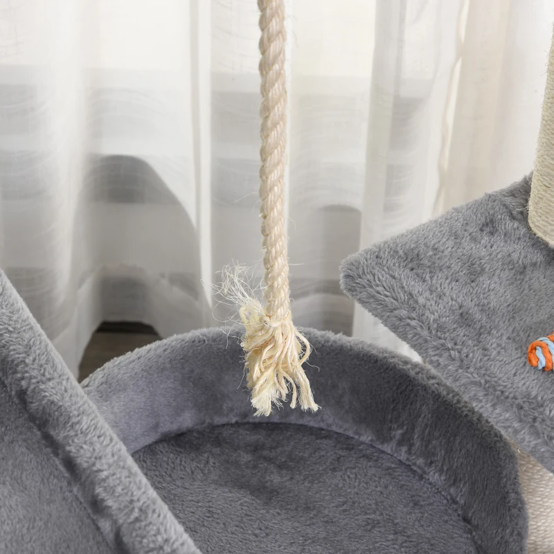 PawHut Árbol para Gatos Torre de Escalada Múltiples Actividades con Plataformas Camas Cueva Cómoda Postes Rascadores Escalera Juguetes Colgantes 124x40x136 cm Gris Oscuro