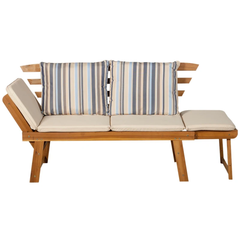 Outsunny Tumbona de Jardín con Cojín Banco para Jardín Convertible en Cama Sofá Madera de Acacia Diván para Exterior Patio Terraza 153x62x85.5cm