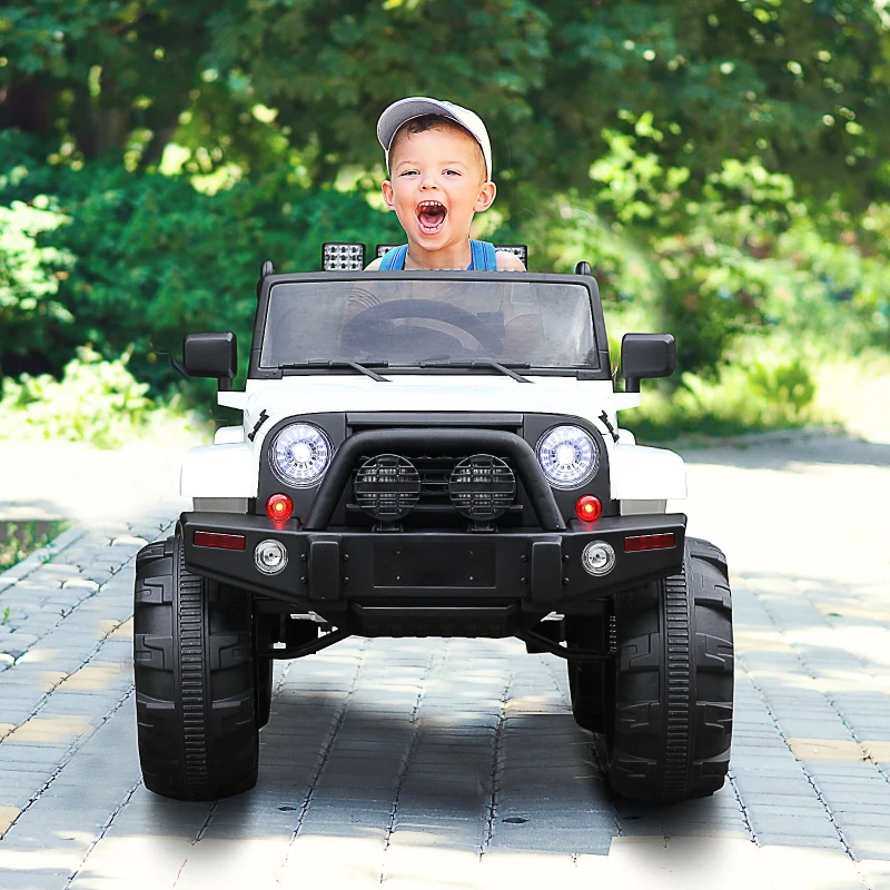 HOMCOM Coche Eléctrico Todoterreno con Mando a Distancia MP3 Luces y Sonidos Apertura de Puerta Batería 12V Control Remoto Carga 30kg para Niños +3 Años 128x78x76cm
