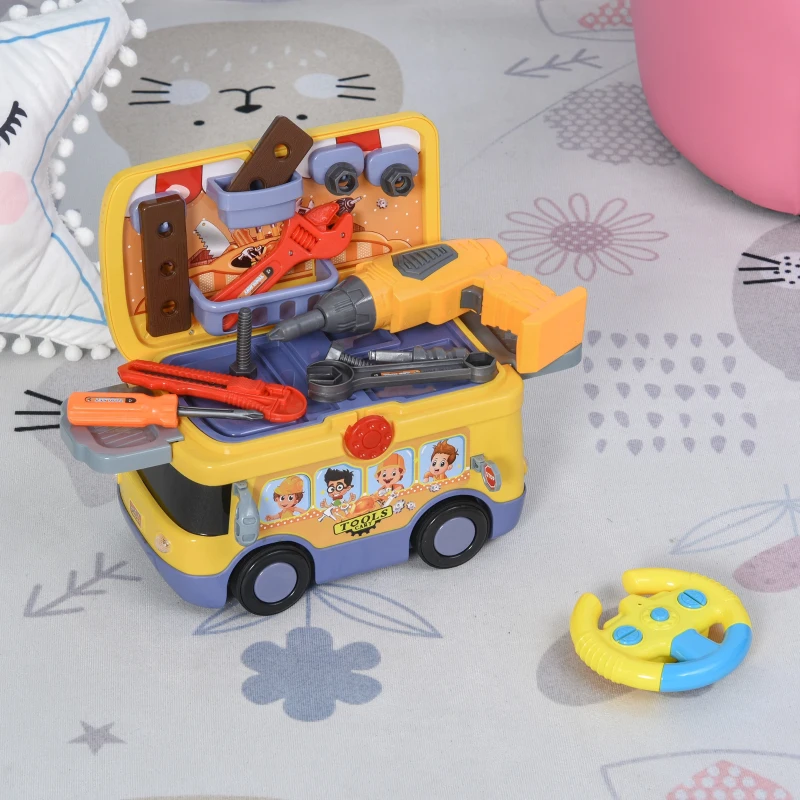 HOMCOM Maletín de Herramientas de Autobús para Niños de +3 Años Juego de Trabajo Diseño 3 en 1 con Control Remoto Efectos de Luz 40,2x22,8x28,8 cm