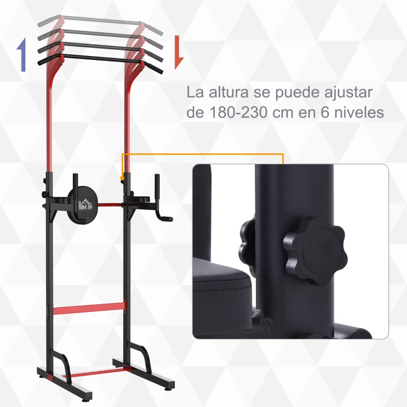 HOMCOM Estación Dip Torre de Dominadas para Hogar Oficina Gimnasio Altura Ajustable con 6 Orificios Tubo de Acero Soporta hasta 120 kg 94x80,5x180-230 cm Negro