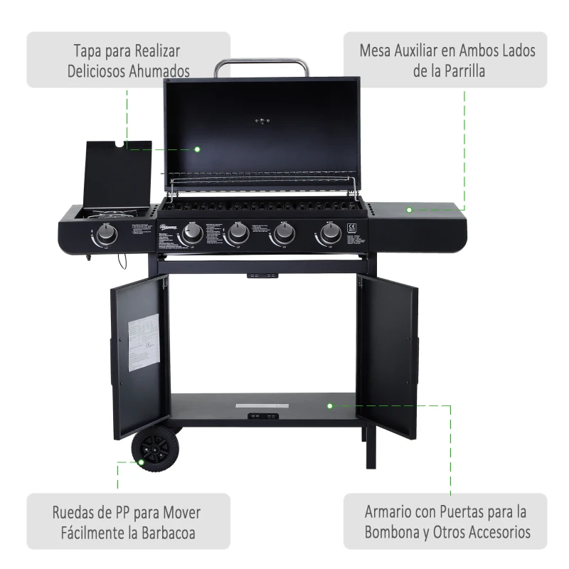 Outsunny Barbacoa de Gas con 5 Quemadores de Acero Inoxidable 14,4 KW Fogón y Parrilla con Tapa y Ruedas 125x51x100 cm Negro