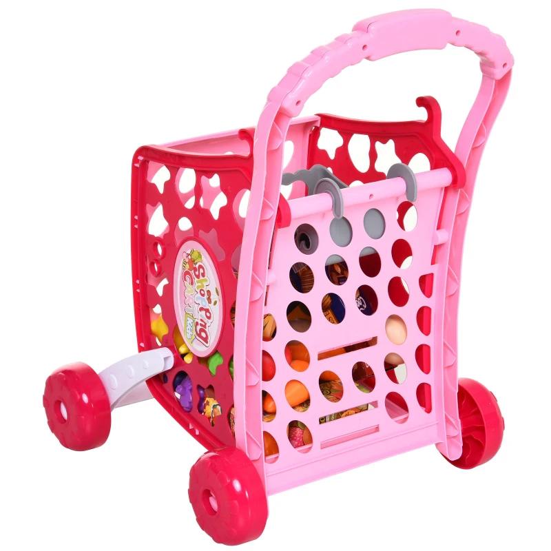 HOMCOM Set de Carrito de Compras para Niños Mayores de 3 Años Juego de Roles Educativo Juguete Infantil con 38 Piezas 41,5x33,5x48,5 cm Rosa