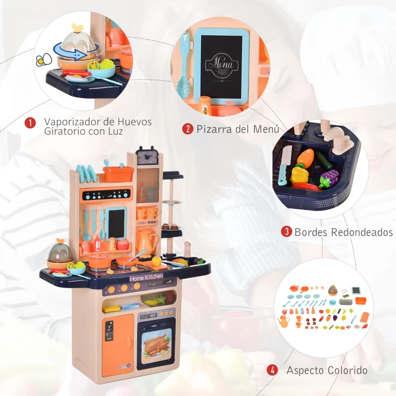 HOMCOM Cocinita para Niños con Luces Música Absoluta Funciones de Agua Cocina de Juguete Infantil 65 Piezas Alimentos Cubiertos +3 Años 71x28,5x93,5 cm Azul