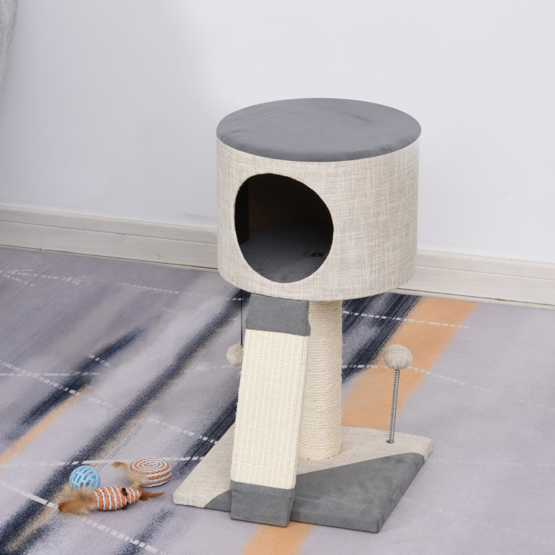 PawHut Árbol para Gatos Rascador de Gatos Barato Torre de Gatos con Bola Colgante Cueva Compacta Poste Rascador Tablero de Rascado Plataforma Inferior Suave 30x30x50 cm Gris