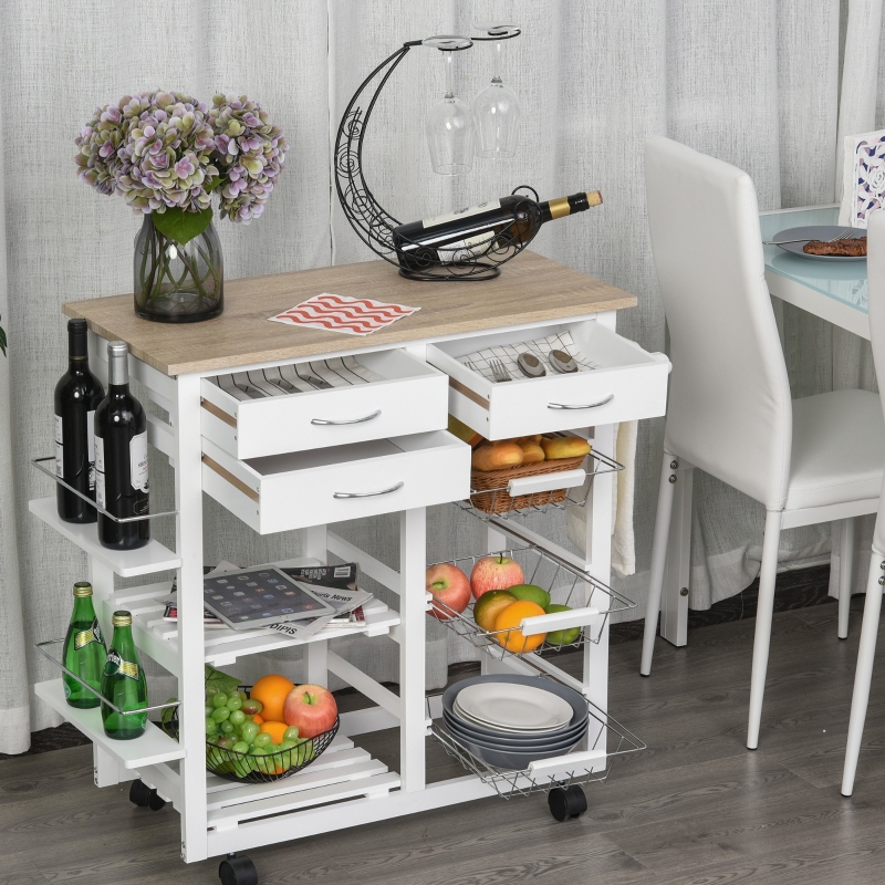 HOMCOM Carrito de Cocina Carro de Servicio Multifuncional con Cajones Cestas Estantes para Especias Toallero Ruedas 92x37x82 cm Blanco