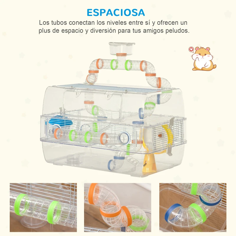 PawHut Jaula para Hámster Chalé para Roedores Pequeños de 3 Pisos con Escaleras Comedero Bebedero Rueda Tubos y Accesorios Incluidos 70x45x44 cm Transparente
