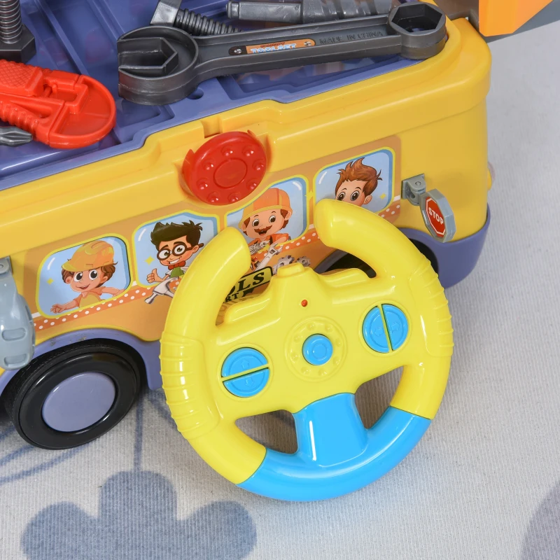 HOMCOM Maletín de Herramientas de Autobús para Niños de +3 Años Juego de Trabajo Diseño 3 en 1 con Control Remoto Efectos de Luz 40,2x22,8x28,8 cm