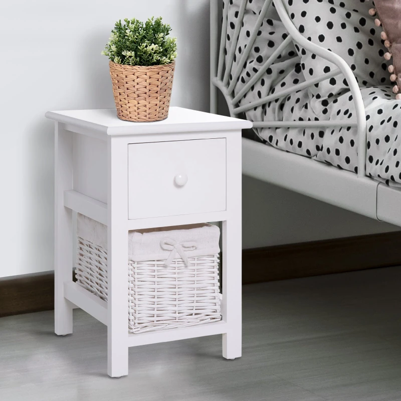 HomCom® Mesita de Noche Madera con 1 Cajón 1 Cesta 28x31x45cm Blanco