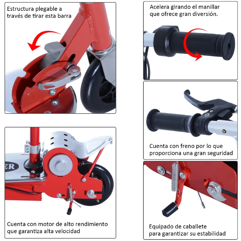 HomCom Patinete Eléctrico Scooter Plegable con Manillar y Asiento Ajustable - Color Rojo - 81.5x37x96cm