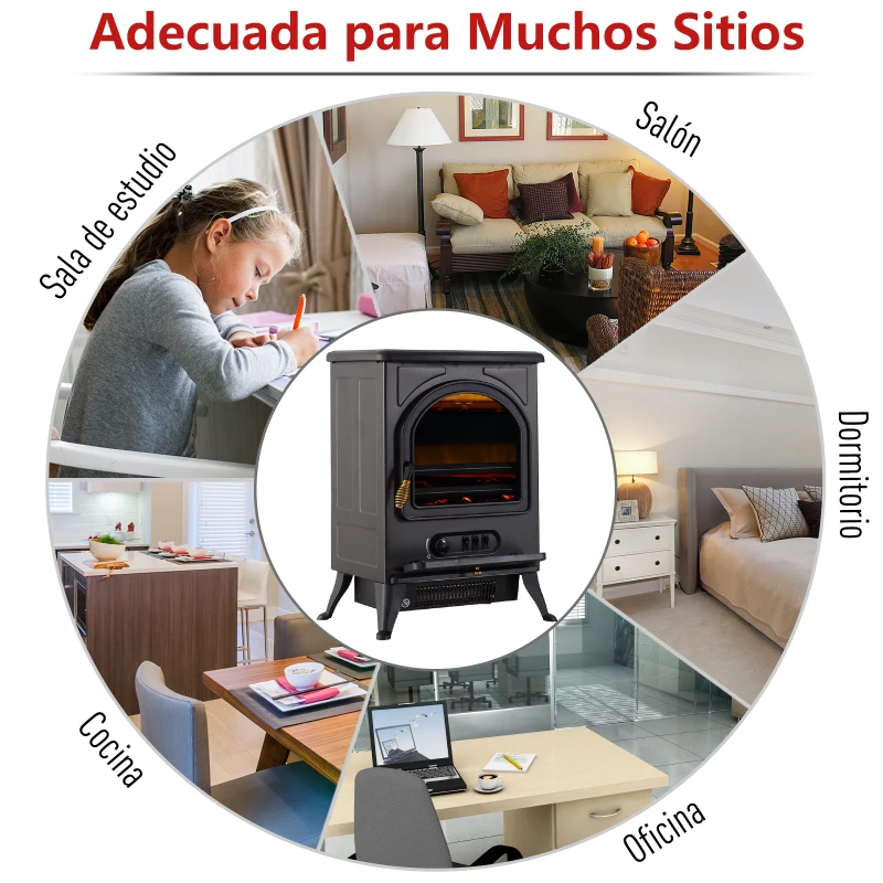HOMCOM Chimenea Eléctrica Móvil Calefactor Estufa Eléctrica con Termostato 900W/1800W Efecto Fuego LED Temperatura Ajustable 41.5x28x54cm Acero