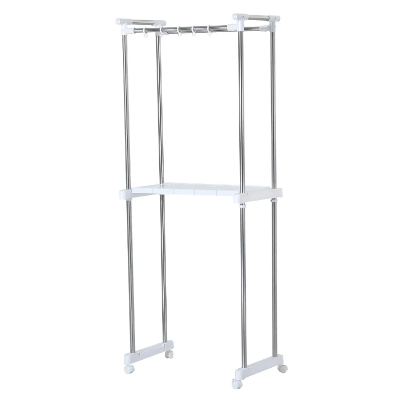 HOMCOM Estantería para Lavadora con Ganchos Ruedas y Estante tipo Mueble de Baño 71x42.5x178cm Color Blanco y Acero Inox.