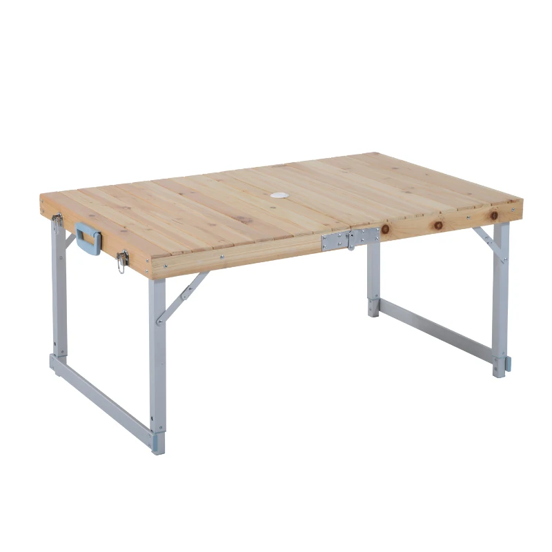 Mesa Portátil y Plegable para Camping y Picnic - Madera Natural y Aluminio - 104x67x49/68cm