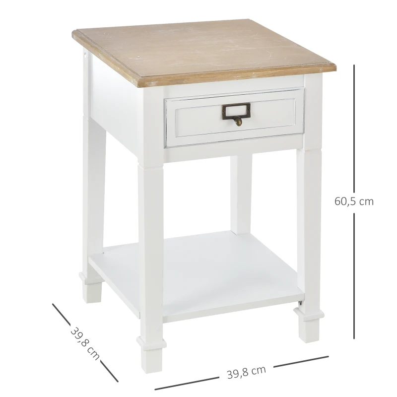 HOMCOM Mesita de Noche Mesa Auxiliar Multifuncional Diseño Retro Envejecido con Cajón y Estante Revestimiento Pintura 39,8x39,8x60,5cm