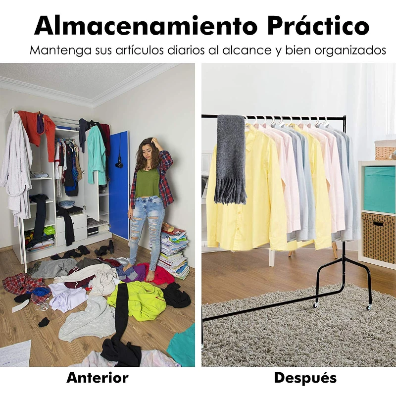 HOMCOM Colgador de ropa Perchero de Pie Organizador Armarios con Ruedas  Ideal para ropa, perchas y abrigos 180x60x170 cm Hierro Negro