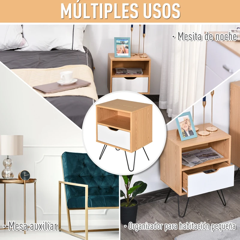 HOMCOM Mesita de Noche con Pies Elevados Cajón y Estante Color Madera Natural 40x30x51 cm