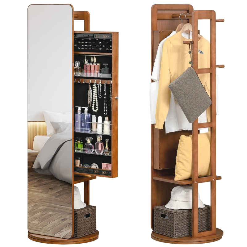 HOMCOM Armario Joyero Giratorio con Espejo de Cuerpo Entero y Perchero 3 en 1 Organizador de Joyas Oculto Estantes Colgadores y Base Redonda Madera Ø50x169 cm Nogal