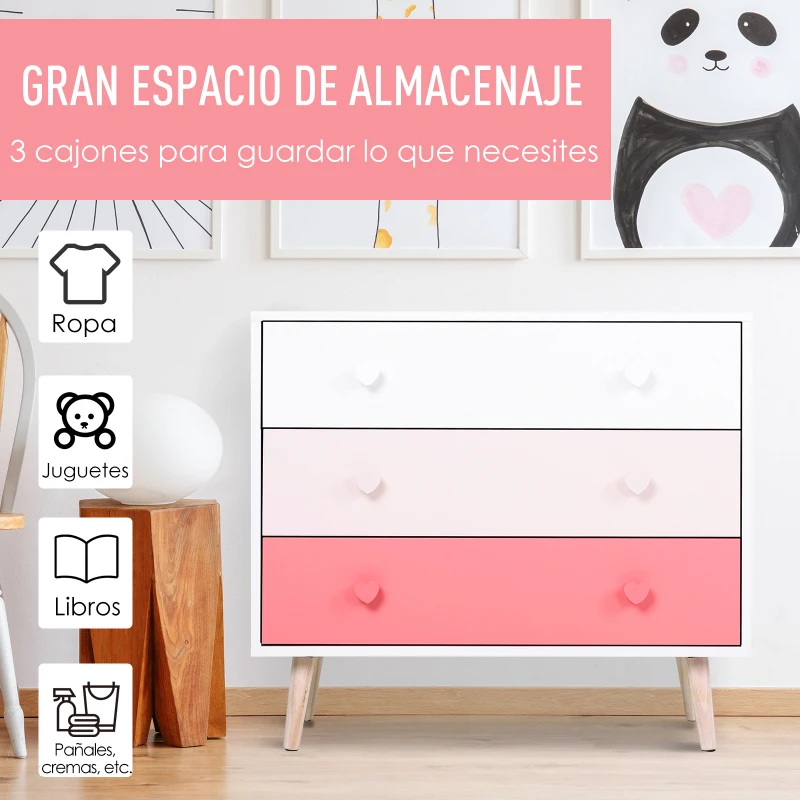 HOMCOM Cajonera Infantil con 3 Cajones Patas de Madera para Almacenamiento de Ropa o Juguetes de Niños Carga 50 kg 90x42x80 cm Rosa