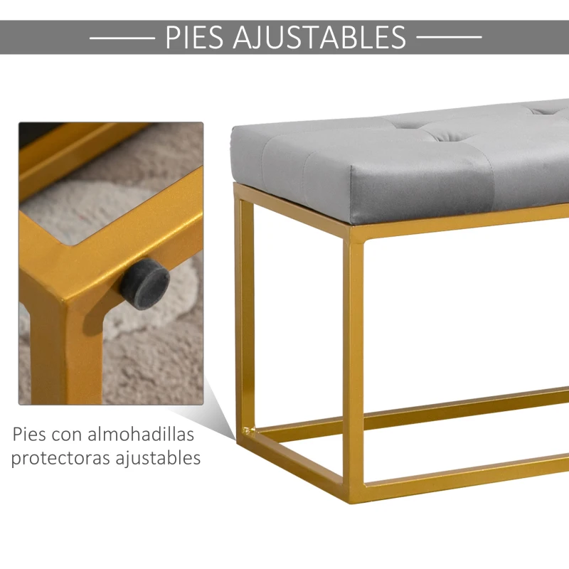 HOMCOM Banqueta Multifuncional Banco Taburete Pie de Cama con Asiento Acolchado y Patas Metálicas 120x35x42 cm Gris y Dorado