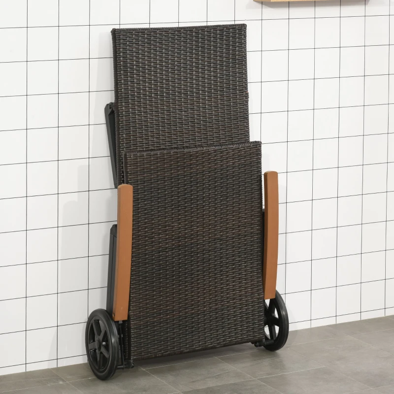 Outsunny Tumbona de Jardín de Ratán 192x74x55 cm con Respaldo Reclinable en 7 Posiciones Reposabrazos y Ruedas Marco de Aluminio para Patio Terraza Balcón Marrón