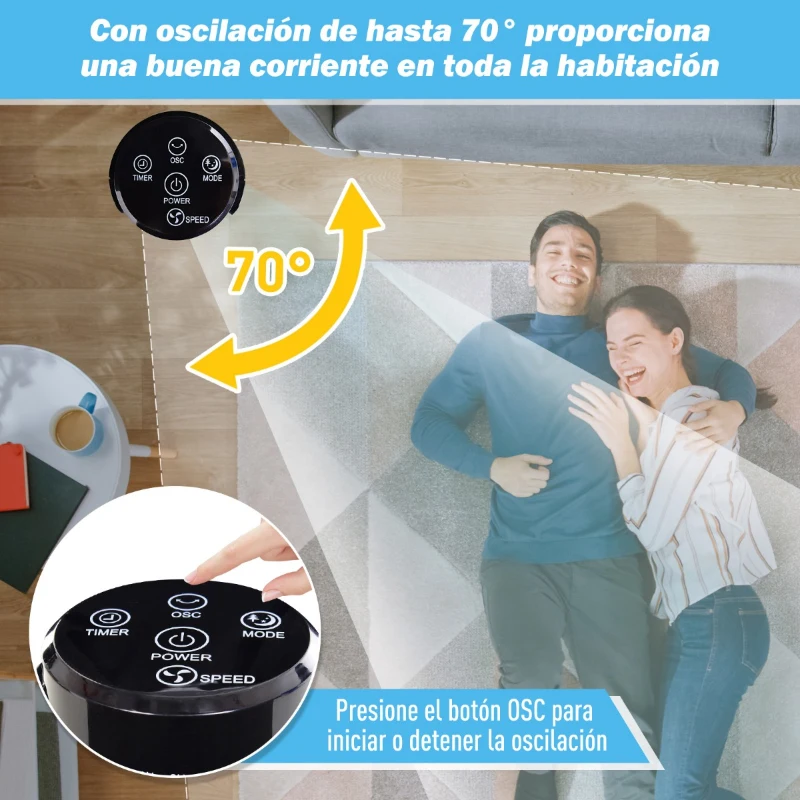 Ventilador Torre con Mando a Distancia y 3 Ajustes de Velocidad Temporizador hasta 7,5h Oscilante en 70° Potencia 50W Ф27x92cm Negro