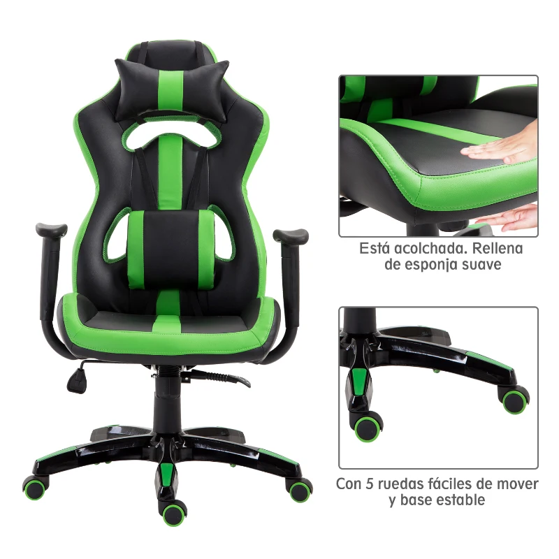 HOMCOM Silla Gaming Profesional Silla de Juego Oficina Ergonómica Estilo Deportivo Giratorio Reposacabezas y Cojín Lumbar Reclinable Altura Ajustable Cuero Sintético PU