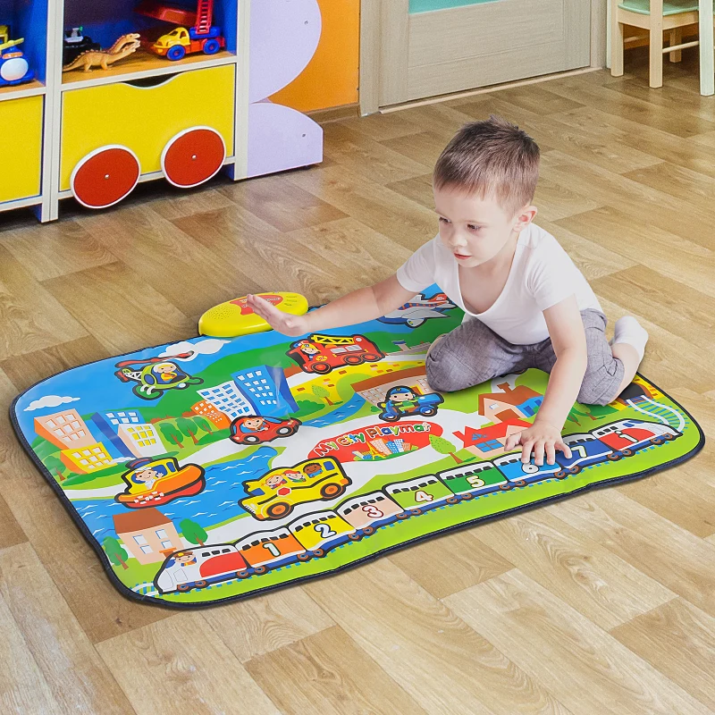 HOMCOM Alfombra Musical de Juego Infantil Musical Juguete para Patear Patrón Ciudad Manta de Actividades Baile para Niños +3 Años 95x71cm