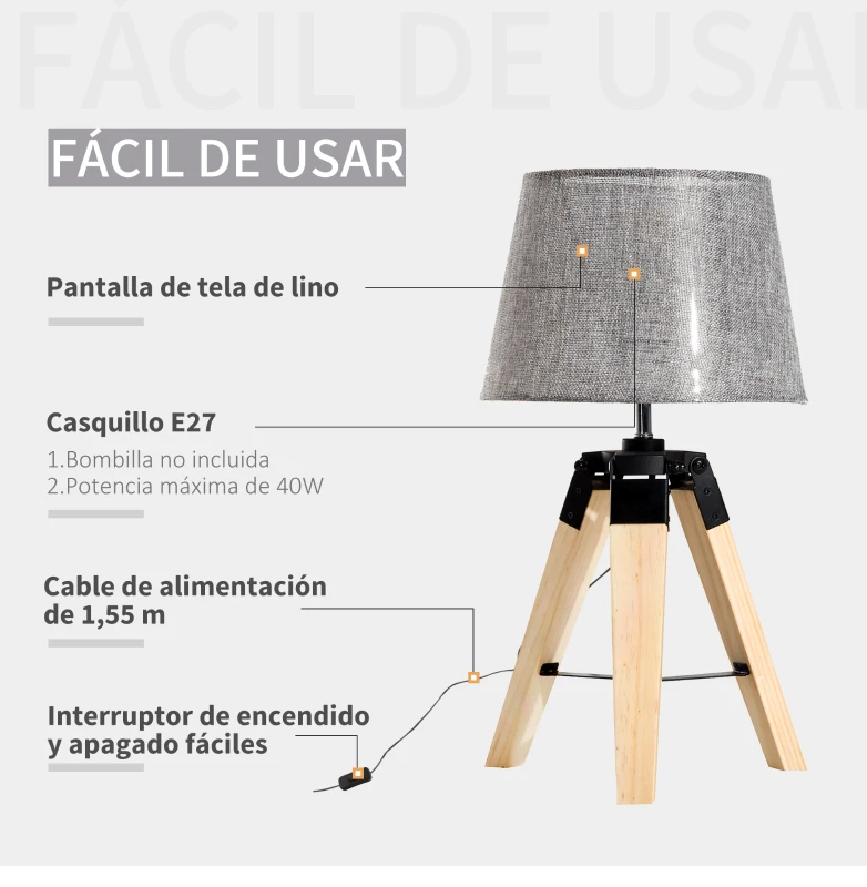 HOMCOM Lámpara de Mesa Moderna y Original con Base Trípode de Madera y Pantalla de Tela Lino para Salón o Dormitorio 24x24x45cm E27 Máx. 40W Gris
