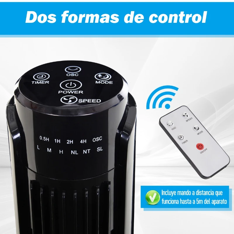 Ventilador Torre con Mando a Distancia y 3 Ajustes de Velocidad Temporizador hasta 7,5h Oscilante en 70° Potencia 50W Ф27x92cm Negro