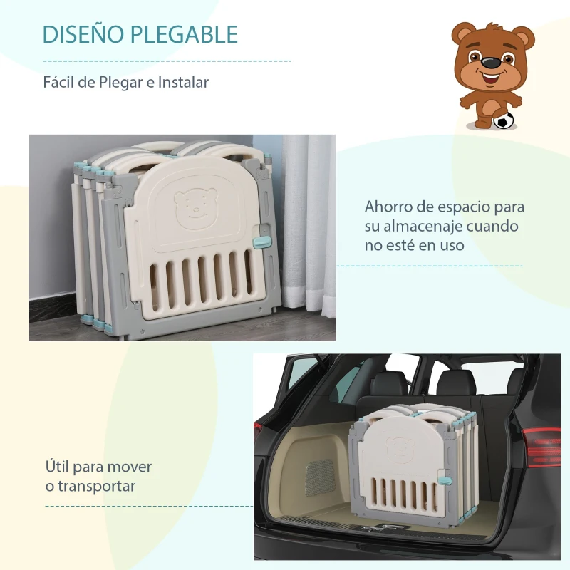 HOMCOM Parque Infantil Bebé con Puerta Corralito Plegable 12 Paneles para Niños de +6 Meses de Forma Flexible Interior y Exterior 108x133x58 cm Gris y Blanco