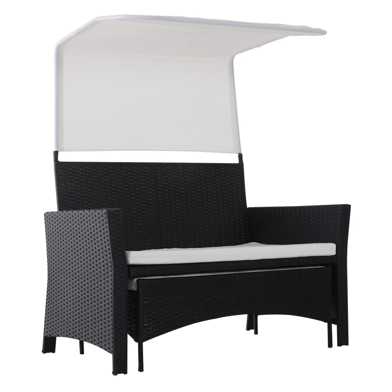 Sofá de Ratán Dos Plazas Sillón Mueble para Jardín Terraza con Reposapiés Extraíble Toldo Cojín Desmontable 126x75x150cm Negro