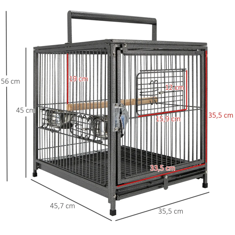 PawHut Jaula para Pájaros Portátil Jaula para Agapornis con 2 Perchas de Madera 2 Comederos de Acero Inoxidable y Bandeja Extraíble para Periquitos Canarios 45,7x35,5x45 cm Negro