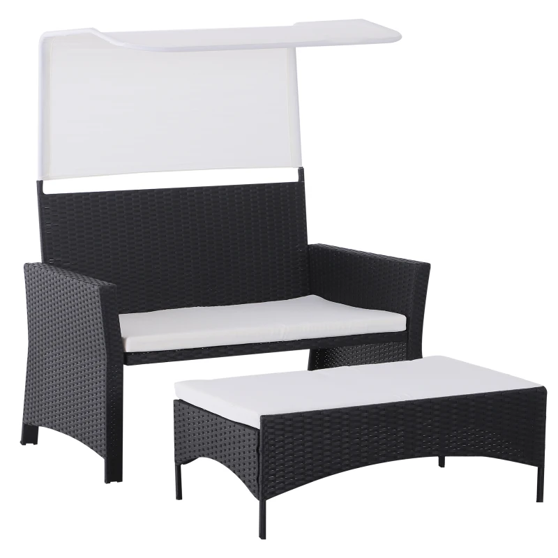 Sofá de Ratán Dos Plazas Sillón Mueble para Jardín Terraza con Reposapiés Extraíble Toldo Cojín Desmontable 126x75x150cm Negro