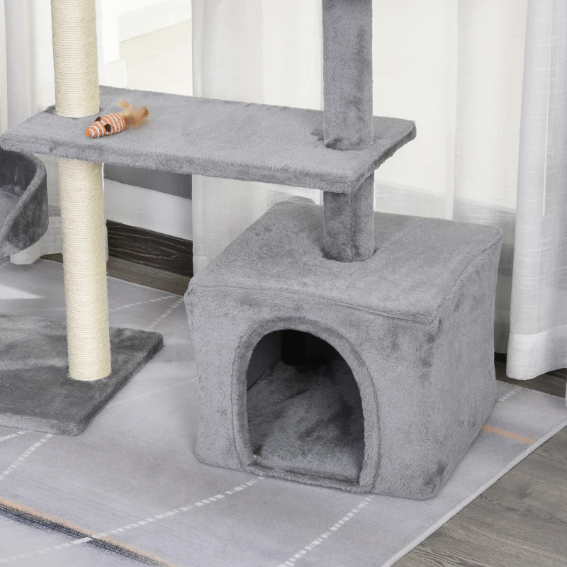 PawHut Árbol para Gatos Torre de Escalada Múltiples Actividades con Plataformas Camas Cueva Cómoda Postes Rascadores Escalera Juguetes Colgantes 124x40x136 cm Gris Oscuro