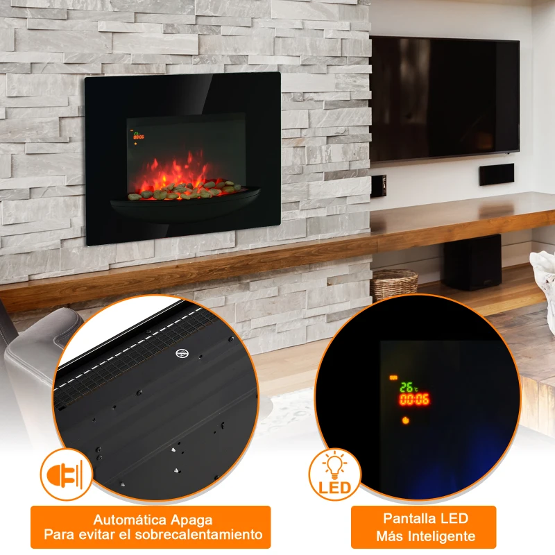 HOMCOM Chimenea Eléctrica de Pared Estufa Eléctrica Calentador de Fuego 900/1800W con Mando a Distancia Termostato Llama LED 7 Colores 66x52x15.5cm