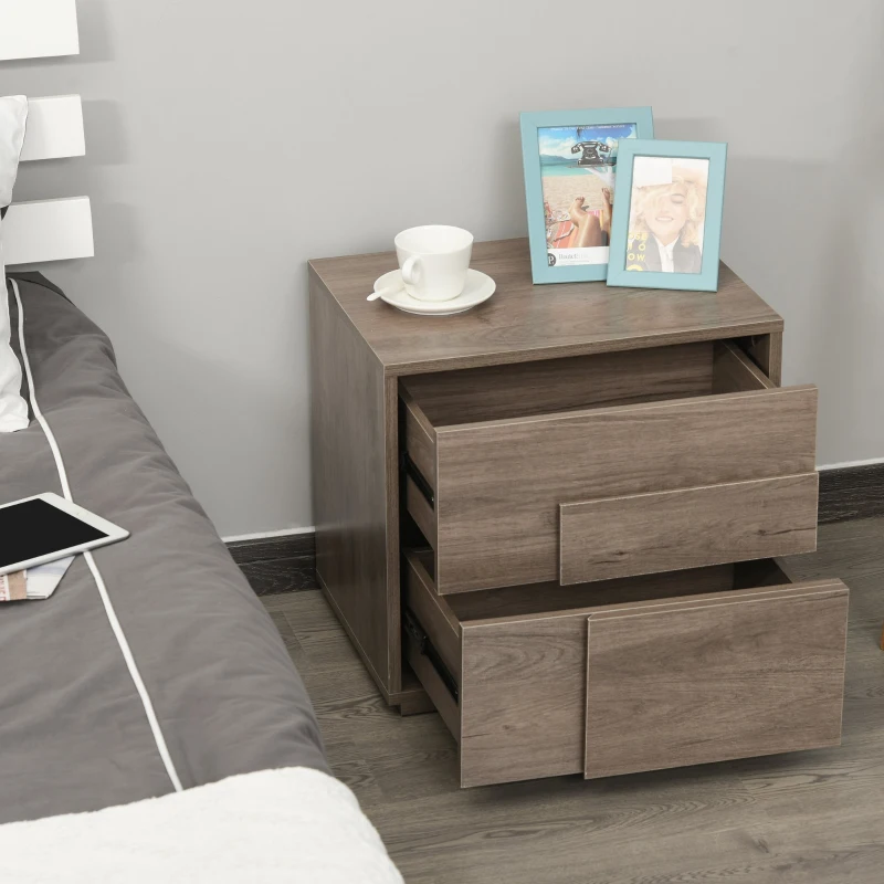 HOMCOM Mesita de Noche Mesa Auxiliar con 2 Cajones Mueble Mesilla Cajonera Moderna Multifuncional para Dormitorio 48x36x44,5 cm Roble