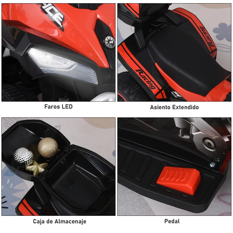HOMCOM Quad Eléctrico ATV Cuatrimoto con Faros Música y Caja de Almacenaje para Niños de +18 Meses Batería 6V Recargable 78,5x40,5x46 cm