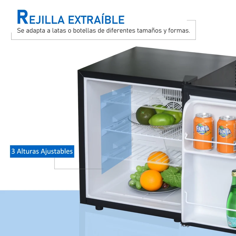 HOMCOM Mini Frigorífico Mini Bar Volumen 50 L Mini Nevera con Estante Extraíble Ajustable LED Ruido Mínimo de Eficiencia Energética 43x48x51 cm Negro